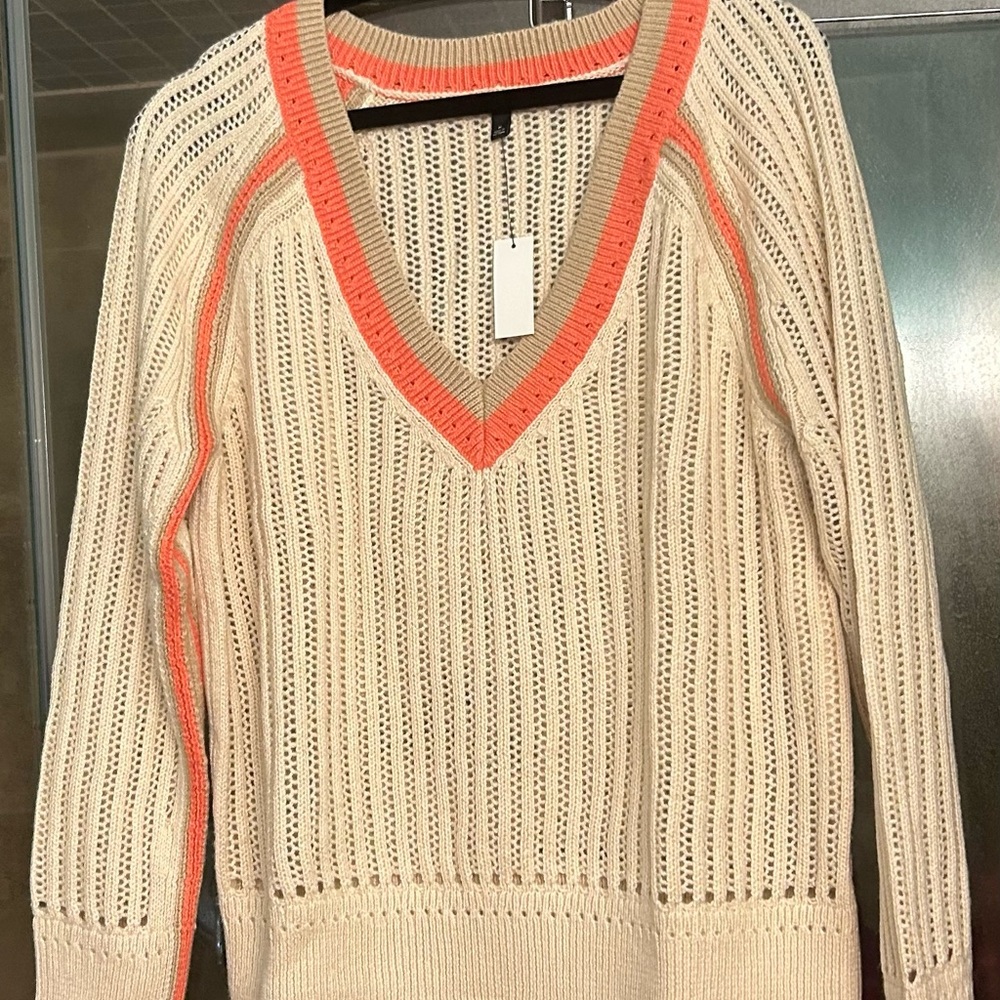 NWT Talbots Cream and Orange V-Neck Colorblock Sweater